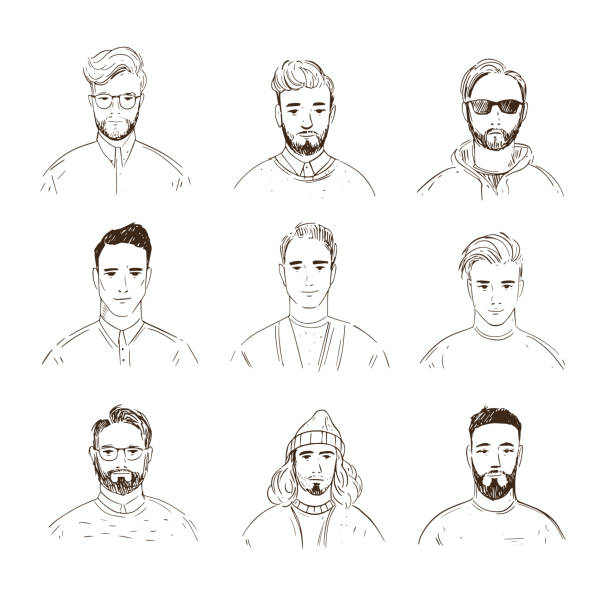stockillustraties, clipart, cartoons en iconen met reeks mannelijke gezichten. lineaire avatars. de illustratie van de lijnkunst - portrait