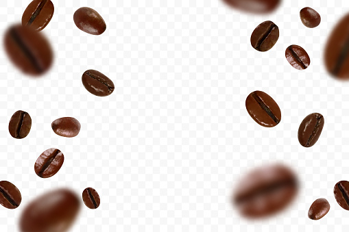 Falling realistic coffee beans isolated on transparent background. Flying defocusing coffee grains. Applicable for cafe advertising. Vector illustration.