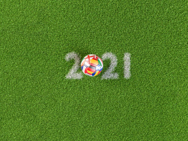 3D render: Soccer ball with flags (Germany, France, Netherl., Italy, Romania, Hungary, Spain, England, Scotland, Denmark, Ireland, Russia) renderizado 3d: bola de fútbol con banderas de todos los países anfitriones del campeonato europeo de fútbol se desplazó a 2021 (alemania, francia, netherl., italia, rumania, hungría, españa, inglaterra, escocia, dinamarca, irlanda, rusia)