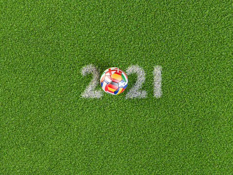 3D render: Soccer ball with flags of all hosting countries of European Soccer Championship shifted to 2021 (Germany, France, Netherl., Italy, Romania, Hungary, Spain, England, Scotland, Denmark, Ireland, Russia)