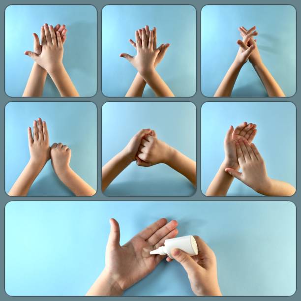 istock Collage instruction to use antiseptic gel when disinfecting hands. 1214355750