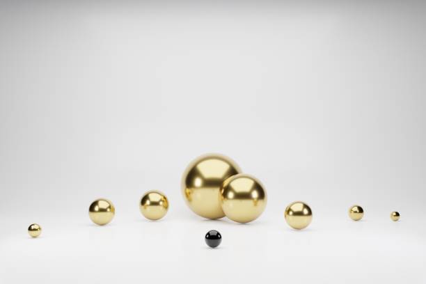 istock Shapes 3d abstract geometric background. Golden balls, white spheres rendering. Flying polygonal spheres in empty space. Futuristic background with bokeh effect. Poster design. 1214355816