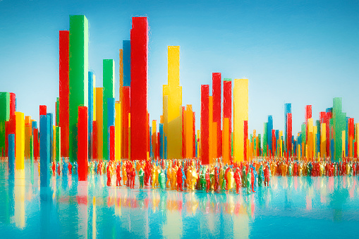 Conceptual image of urban crowds of people, 3D generated image with paint over in PS.