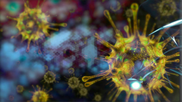 3d 일러스트레이시 바이러스, 박테리아, 세포 감염 유기체, 면역력 저하. 우주에서 바이러스 추상적 배경 - micro organism 뉴스 사진 이미지