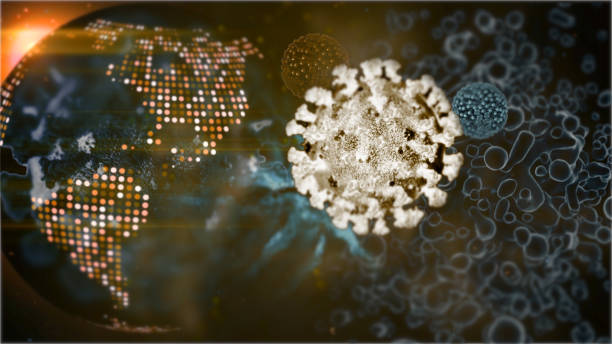 Polygonal image of a virus. Vector. Dark blue abstract background. World pandemic and coronavirus epidemic. A human hand with a magnifying glass examines the planet Earth. Place for text.
