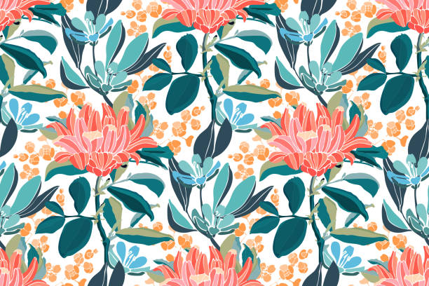 Floral vector seamless pattern. Pink, orange flowers, green, blue branches and leaves. Floral vector seamless pattern. Pink, orange flowers, green, blue branches and leaves. Vector botany elements isolated on white background. lewisia rediviva stock illustrations