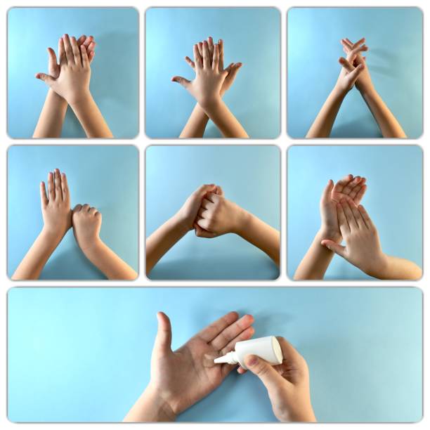 istock Collage instruction of proper. Antiseptic treatment, consistent movements. 1214358397