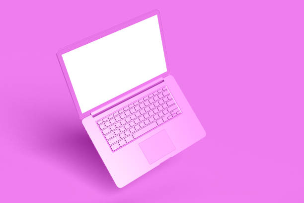 istock Laptop background with blank screen pink color 1214362028