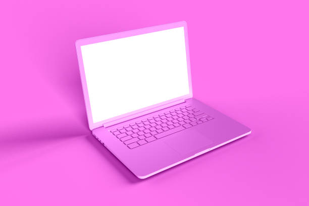 istock Laptop background with blank screen pink color 1214362031