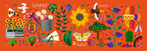 Summer time! Vector cute illustration of potted flower, sunflower, chamomile, watering can, abstract bird, bee, butterfly, fruit, trees, plants, isolated objects. Drawings for card, poster or postcard Summer time! Vector cute illustration of potted flower, sunflower, chamomile, watering can, abstract bird, bee, butterfly, fruit, trees, plants, isolated objects. Drawings for card, poster or postcard bee water stock illustrations