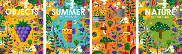 Vector illustration of Summer time! Set posters of bright backgrounds and objects with summer flowers, juicy fruits, abstract birds, butterfly, gardening and nature. Vector illustration for banner, card, poster or postcard