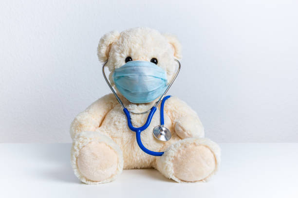 Teddy bear with protective medical mask and stethoscope. Concept of hygiene and virus protection for child patient Cute teddy bear doctor with protective medical mask and stethoscope. Concept of pediatric treatment of illness, hygiene, epidemic and virus protection for child patient. Fluffy toy on white background animal internal organ photos stock pictures, royalty-free photos & images