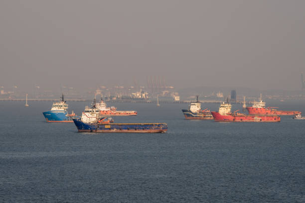 Commercial shipping moored off Mumbai