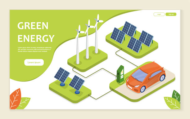 Sustainable and renewable green energy concept Sustainable and renewable green energy concept with an electric car charging at a charge point, wind turbines utilising kinetic energy and photovoltaic solar panels utilising the sun wind turbine illustrations stock illustrations