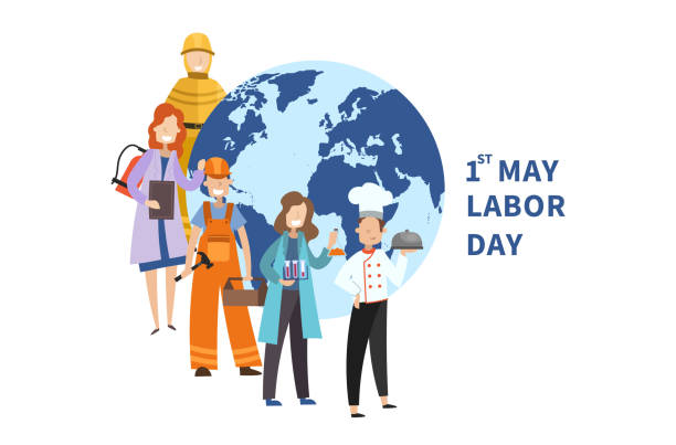 1st May Labor Day poster design 1st May Labor Day poster design with assorted professionals surrounding a world globe with text and copy space, vector illustration pics of the firefighter free stock illustrations