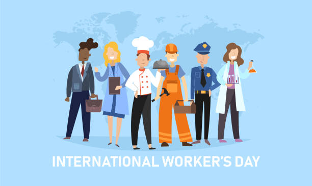 International Workers Day banner with diverse people International Workers Day banner with diverse people from the community with police office, chef, teacher, workman, doctor and manager on a mobile standing in a row, vector illustration pics of the firefighter free stock illustrations