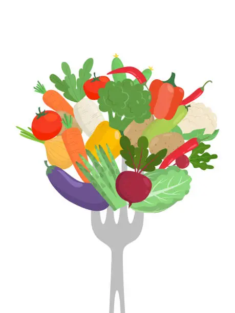 Vector illustration of Vegetables on a fork. Healthy eating concept.
