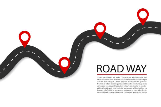 Flat road with pins.Highway for route of journey on isolated background. Asphalt street for infographic. Design traffic trip template. Winding street with points banner. Design vector illustration. Flat road with pins.Highway for route of journey on isolated background. Asphalt street for infographic. Design traffic trip template. Winding street with points banner. Design vector illustration journey clipart stock illustrations