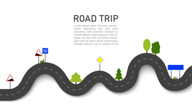 illustrations, cliparts, dessins animés et icônes de road trip. navigation 3d et emplacement en voyage avec des panneaux et des arbres. carte de manière sinueuse. voyage pour la voiture dans l’autoroute. voyagez en taxi. infographie pour le chemin. itinéraire de transport de la circulation dans le style  - compass travel symbol planning