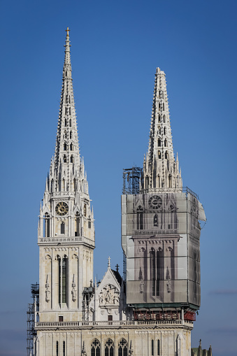 Zagreb, Croatia - March 22, 2020 : Capital of Croatia, Zagreb has been hit by the magnitude of the earthquake 5.5 per Richter. One of the two tops of the cathedral broke off during the earthquake.