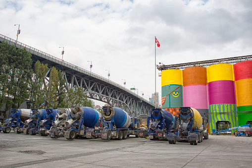 Vancouver, Canada - August 16th, 2014:  Its the row of colorful concrete silos on Granville Island, the Ocean Concrete Plant, Vancouver Canada.