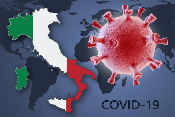 Ð¡oronavirus in Italy Coronavirus cell and map of Italy on background of the World map continent geographic area photos stock pictures, royalty-free photos & images
