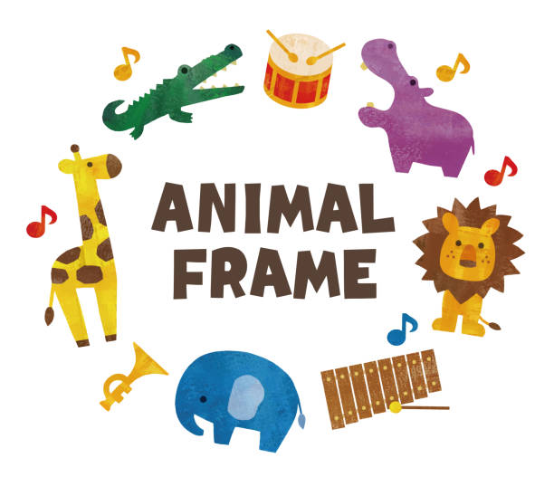 ilustrações, clipart, desenhos animados e ícones de quadro de animais de aquarela e instrumentos musicais - bugle music musical instrument musical note