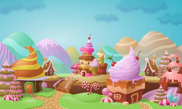 Colorful candy town landscape with confectionery Colorful candy town landscape with confectionery and ice cream twirls on ginger bread and cookie houses decorated with candy against colorful Easter egg hills, vector illustration fairy tale village stock illustrations