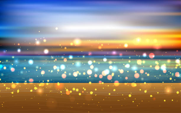 Web landscape of the sand beach in sunset glittering sea stock illustrations