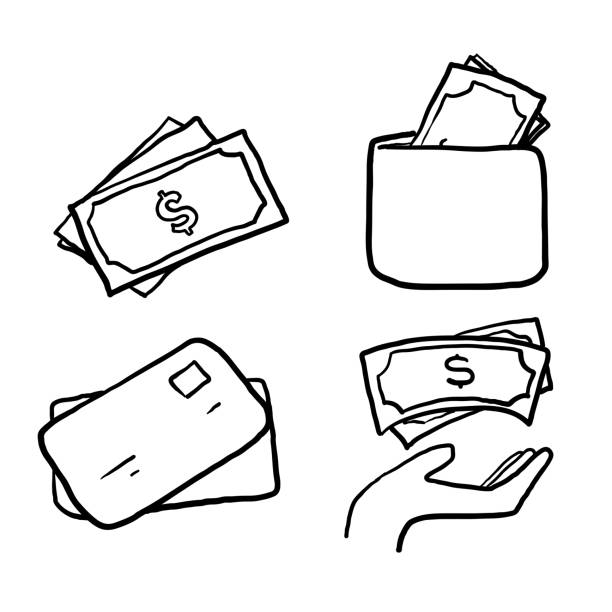 ilustraciones, imágenes clip art, dibujos animados e iconos de stock de dibujado a mano dinero, finanzas, esquema bancario de la colección de iconos de garabatos. los iconos de la línea de dinero establecen la ilustración vectorial. bolsa de dinero, monedas, tarjeta de crédito, billetera y más.fondo aislado - cash register wealth coin currency