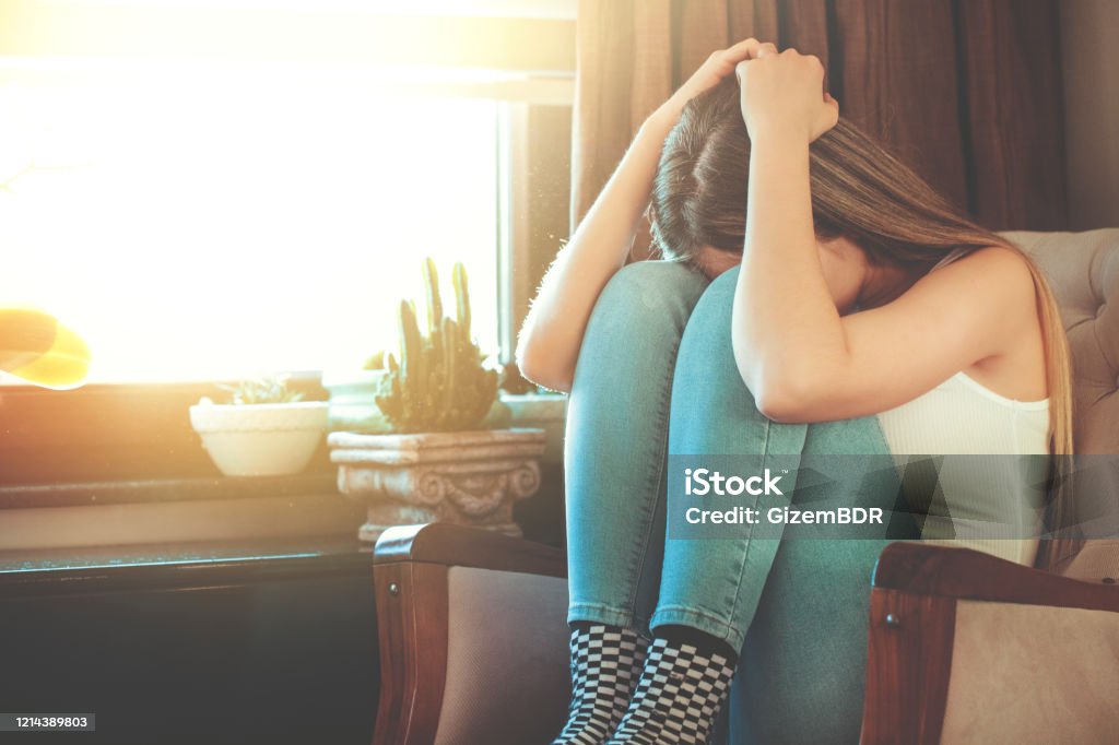 late depressed woman Terrified Stock Photo