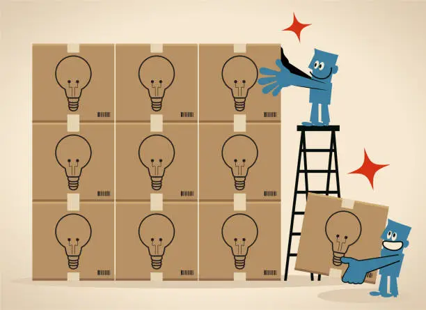 Vector illustration of Energetic warehouse team are stacking cardboard boxes with idea light bulb