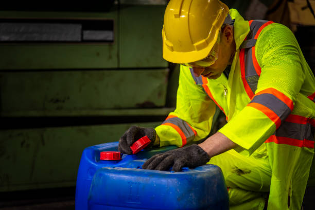 une industrie d’ingénieur utilisant l’uniforme de sécurité, des gants noirs et le masque de gaz sous le réservoir chimique de vérification dans le travail d’usine d’industrie. - half tank photos et images de collection