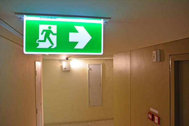 istock Emergency light and Emergency Fire exit sign at  the corridor in building 1214396746