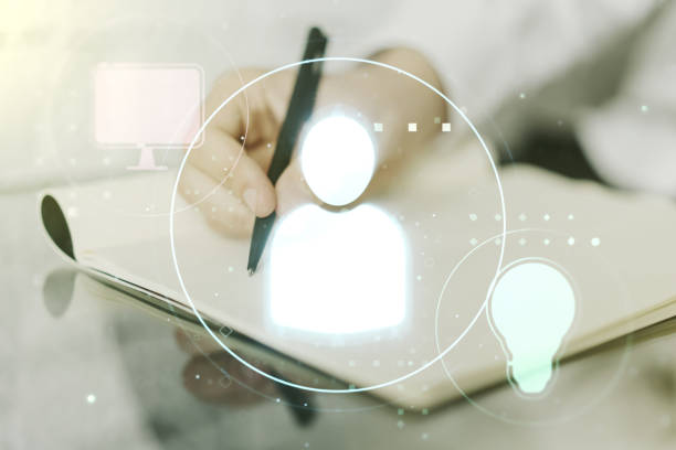 istock Social network concept with man hand writing in notebook on background. Multiexposure 1214397756