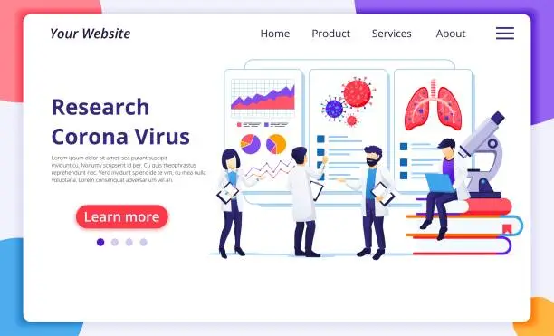 Vector illustration of Research laboratory concept for Covid-19 Corona virus , scientists working on screen. Modern flat web page design for website and mobile website development. Vector illustration