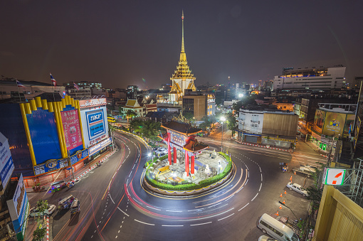Bangkok, Thailand - November 30 2015: The Gateway Arch (Odeon Circle) and Temple, Landmark of Chinatown Bangkok Thailand