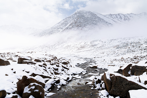 Landscape of Snow and mountain road to Nubra valley in Leh, Ladakh India