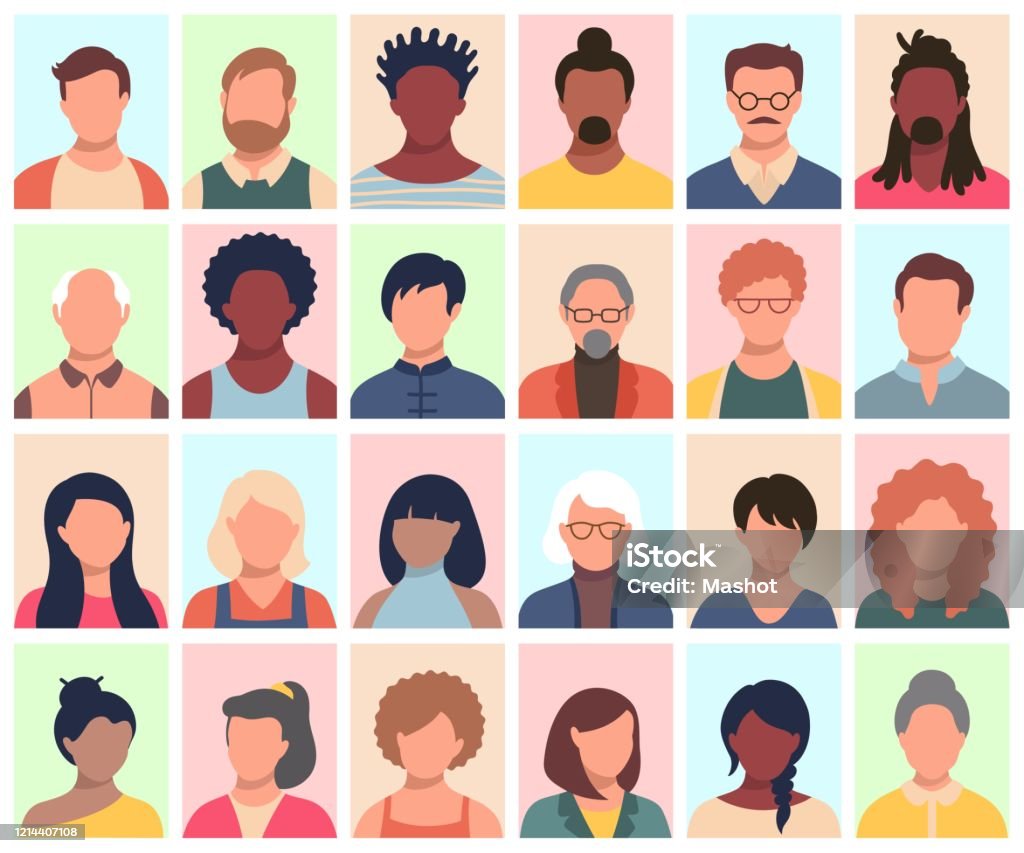 Set of persons, avatars, people heads of different ethnicity and age in flat style. Multi nationality social networks people faces collection. Set of persons, avatars, people heads of different ethnicity and age in flat style. Multi nationality people faces social network icons vector collection. People stock vector