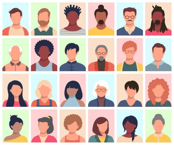 Set of persons, avatars, people heads of different ethnicity and age in flat style. Multi nationality social networks people faces collection. Set of persons, avatars, people heads of different ethnicity and age in flat style. Multi nationality people faces social network icons vector collection. employee illustrations stock illustrations
