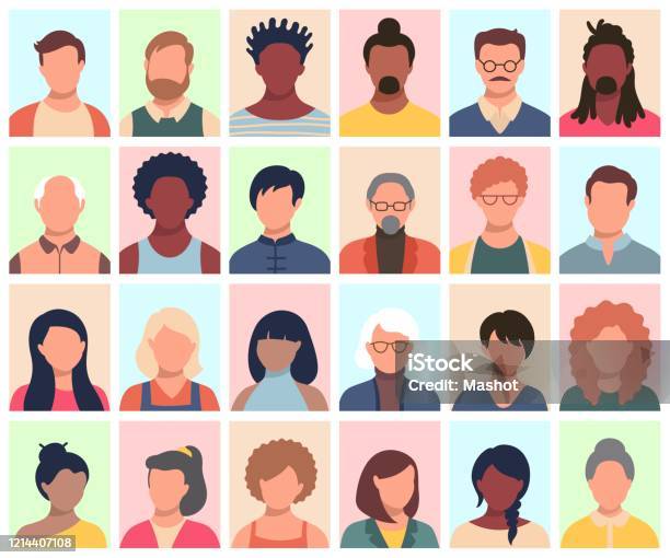 Set Of Persons Avatars People Heads Of Different Ethnicity And Age In Flat Style Multi Nationality Social Networks People Faces Collection Stock Illustration - Download Image Now