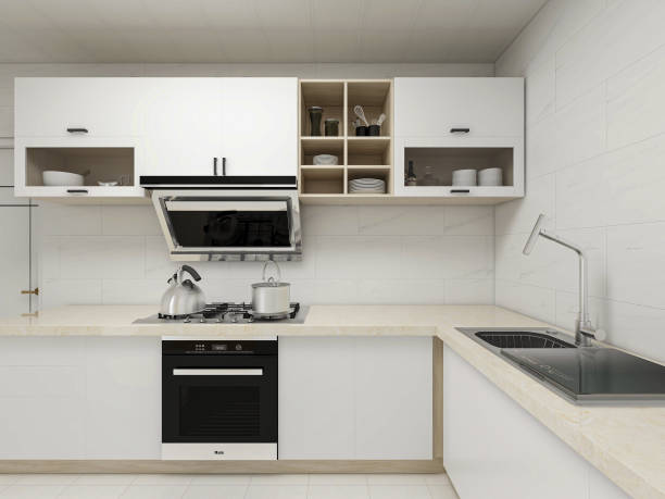 istock 3D rendering,Modern family kitchen design, new cabinets and kitchenware with refrigerators, sunlight from the window. 1214407398