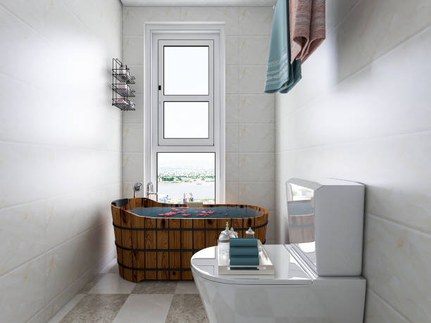 istock 3D rendering, modern residential clean bathroom design, with washbasins, mirrors, toilets, shower equipment and bathtubs 1214407440