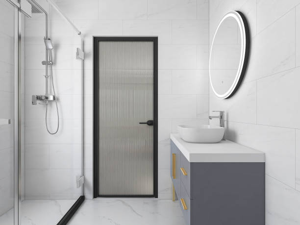 istock 3D rendering, modern residential clean bathroom design, with washbasins, mirrors, toilets, shower equipment and bathtubs 1214407460