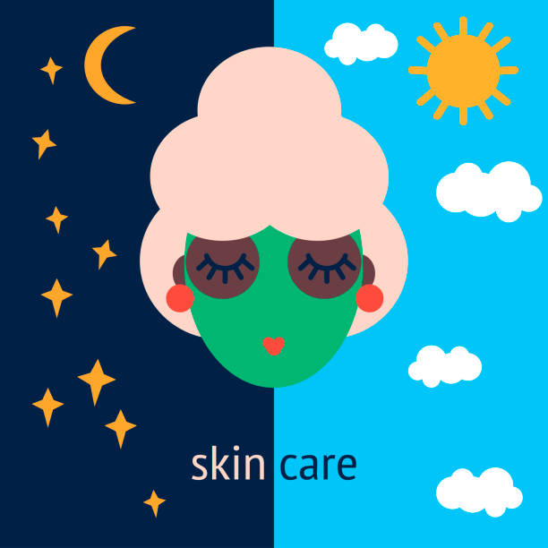 skin care day and night illustration of a girl with a cosmetic mask cares for her face skin. skin care day and night facial mask woman stock illustrations