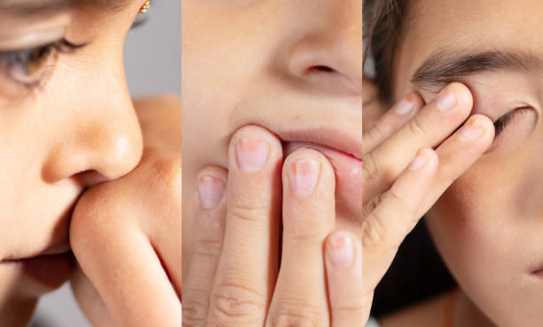 collage of young girl toca su nariz, ojos y boca - concepto que muestra evitar la cara táctil para proteger y prevenir la forma covid-19, sars cov 2 o brote de coronavirus o propagación - eyes contact fotografías e imágenes de stock