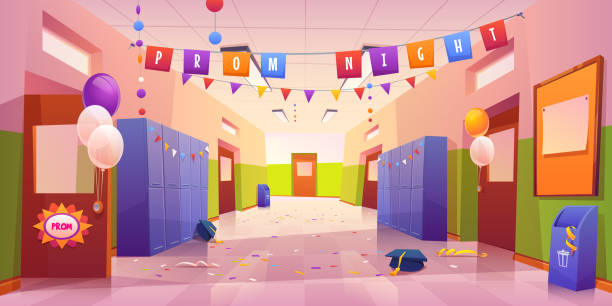 School or college hall after prom night celebration School hall after prom night celebration. Empty college corridor interior with balloons, garlands on students lockers, confetti and academic hats scattered on tiled floor. Cartoon vector illustration prom stock illustrations