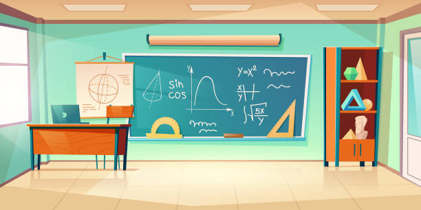 Classroom for mathematics learning Classroom for math learning with formula on chalkboard. Vector cartoon illustration of empty school class interior for mathematics, geometry and algebra learning mathematics illustrations stock illustrations