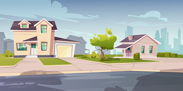 Suburban Houses Cottage With Garage Stock Illustration - Download Image Now  - Street, House, Cartoon - iStock
