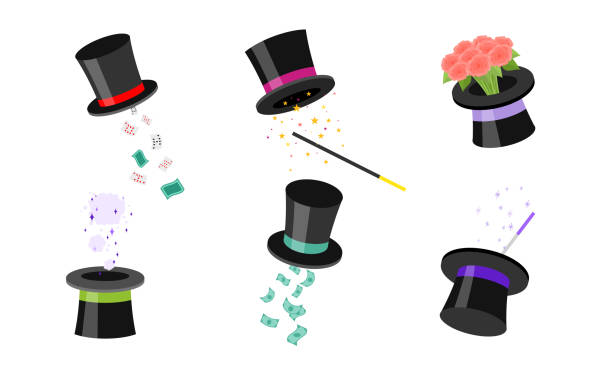 Set of the magic hat with different tricks. Vector illustration in flat cartoon style. Collection set of the magic hat including different tricks with flowers, money, playing cards, smoke. Isolated icons set illustration on a white background in cartoon style. magician illustrations stock illustrations